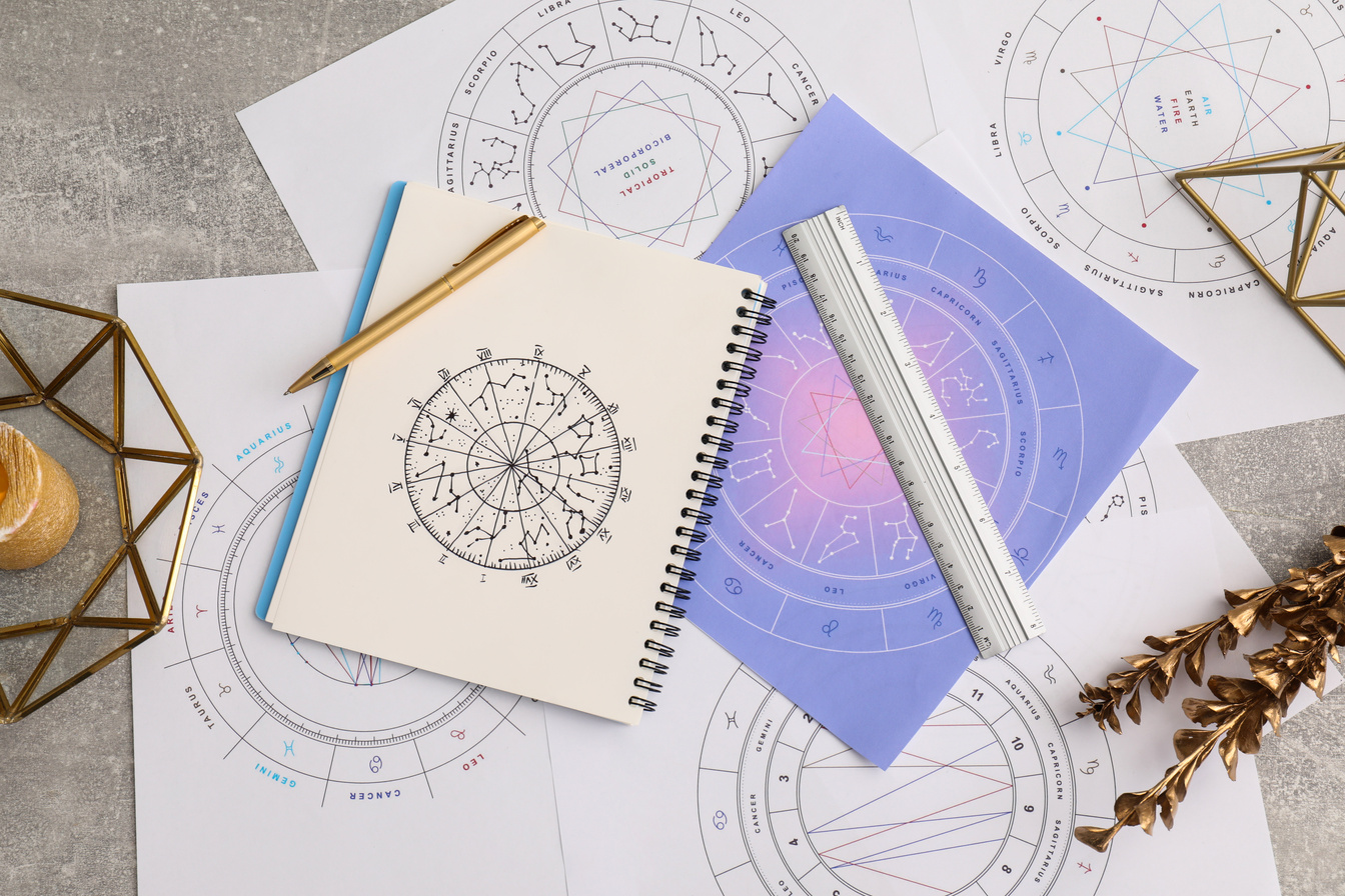 Natal Charts for Making Forecast of Fate and Astrological Items for Fortune Telling on Table, Flat Lay